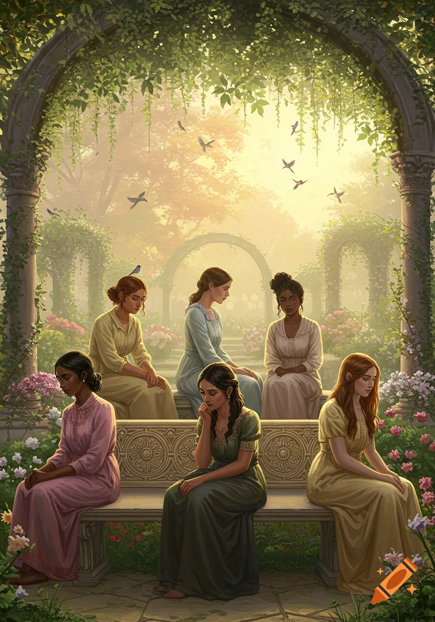 Six women sitting contemplatively on a stone bench in a lush, arched garden at golden hour.