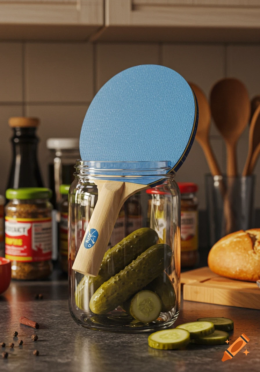 A photorealistic still life of a blue ping pong paddle inside a pickle jar with pickles on a kitchen counter.
