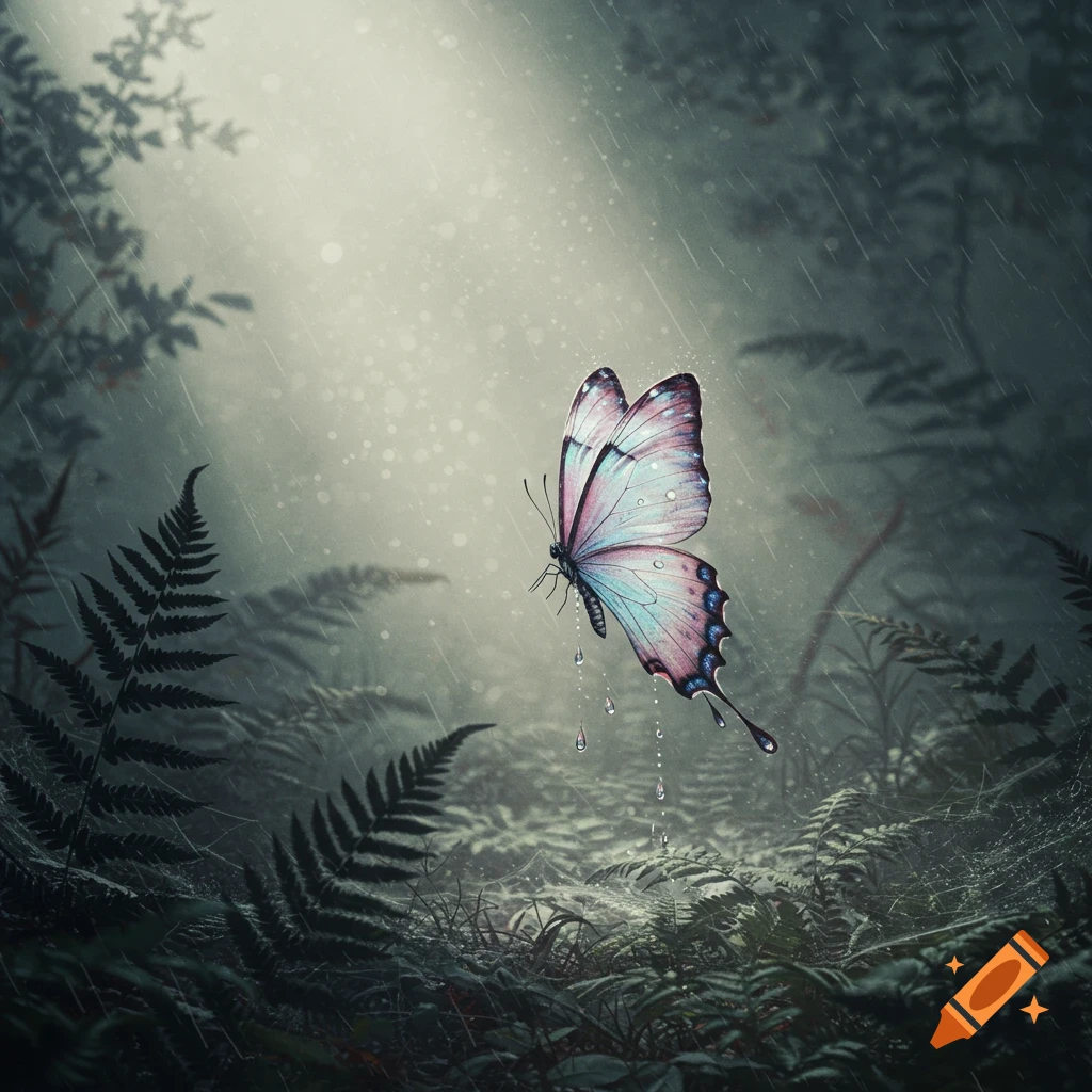A delicate pink and blue butterfly hovers in a dark, rainy forest with light filtering through trees.