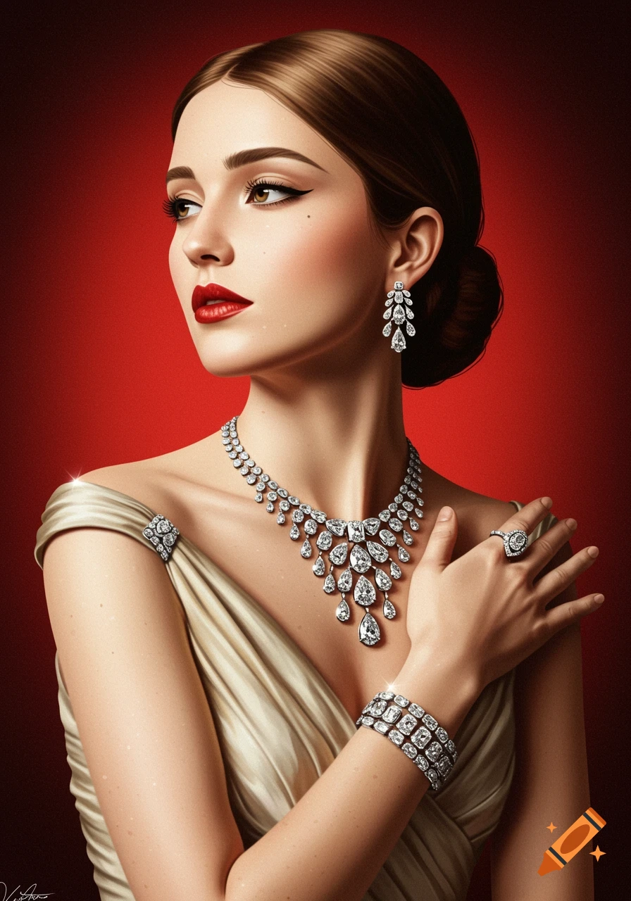 A woman in a gold dress wearing an ornate diamond necklace, earrings, bracelet, and ring against a red background.