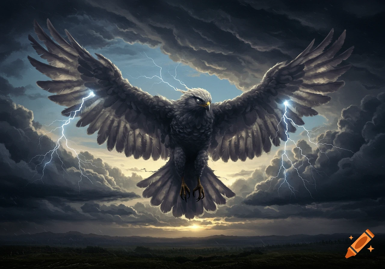 A majestic hawk with widespread wings, appearing to be made of storm clouds, flies amidst lightning in a dark, stormy sky.