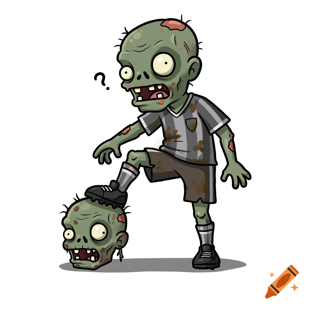 Cartoon zombie in a dirty soccer uniform with one foot on a severed zombie head, looking confused with a question mark above his head.