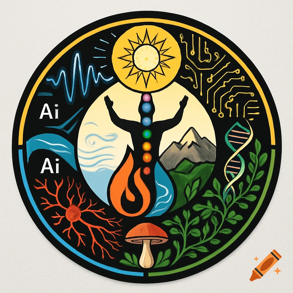 A colorful circular emblem depicting elements of AI, technology, nature, and spirituality, including a central figure with chakras, sun, circuit board, DNA, neuron, mushroom, waves, and 'Ai' text.
