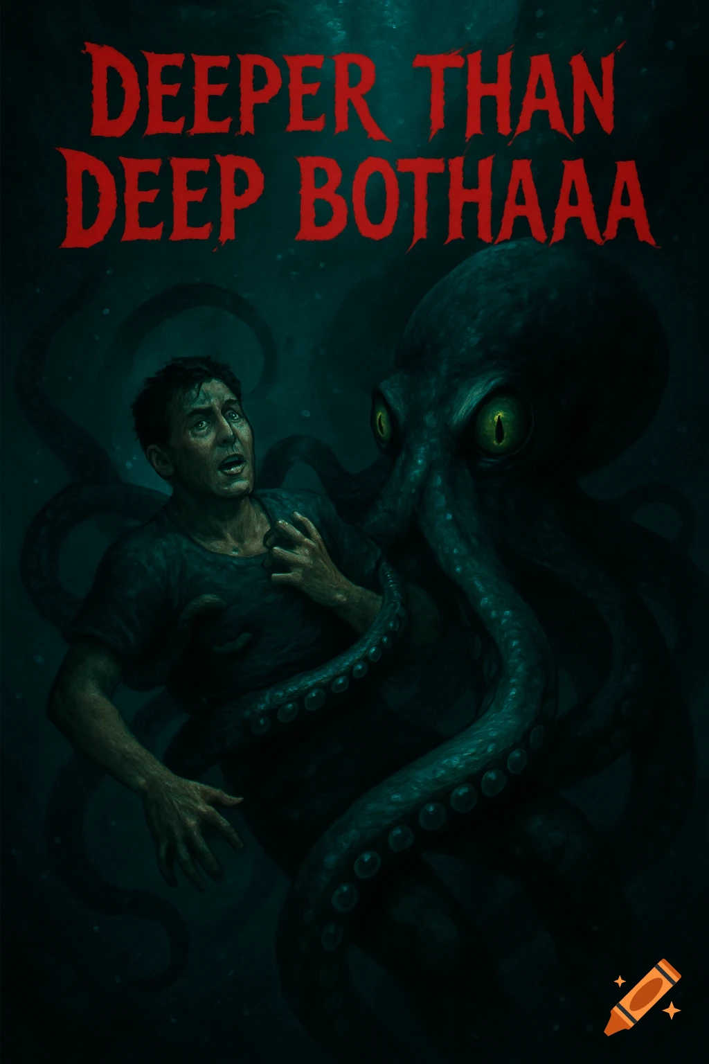 A terrified man grasped by a monstrous octopus underwater, with glowing green eyes. The title reads 'DEEPER THAN DEEP BOTHAAAA'.