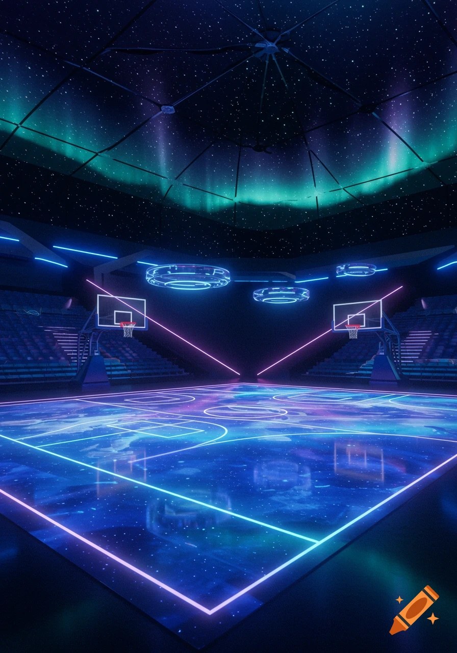 A futuristic basketball court glowing with neon blue and purple lights, featuring a cosmic floor and a starry ceiling with an aurora.