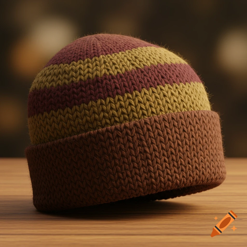 Photorealistic close-up of a brown, yellow, and burgundy striped knitted beanie hat on a wooden surface.