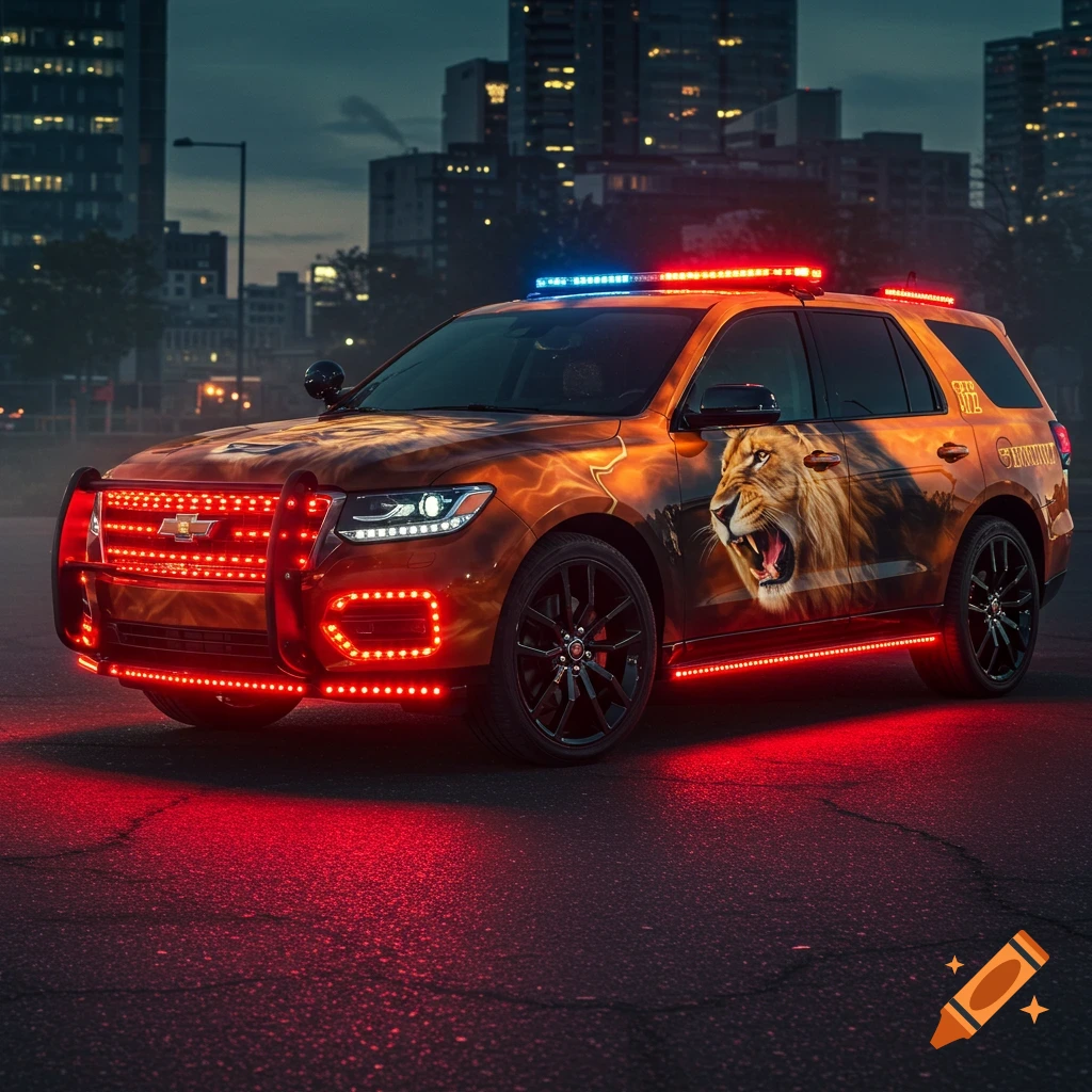Photorealistic image of a custom SUV with a lion graphic, illuminated by red and blue LED lights, parked on a city street at night.