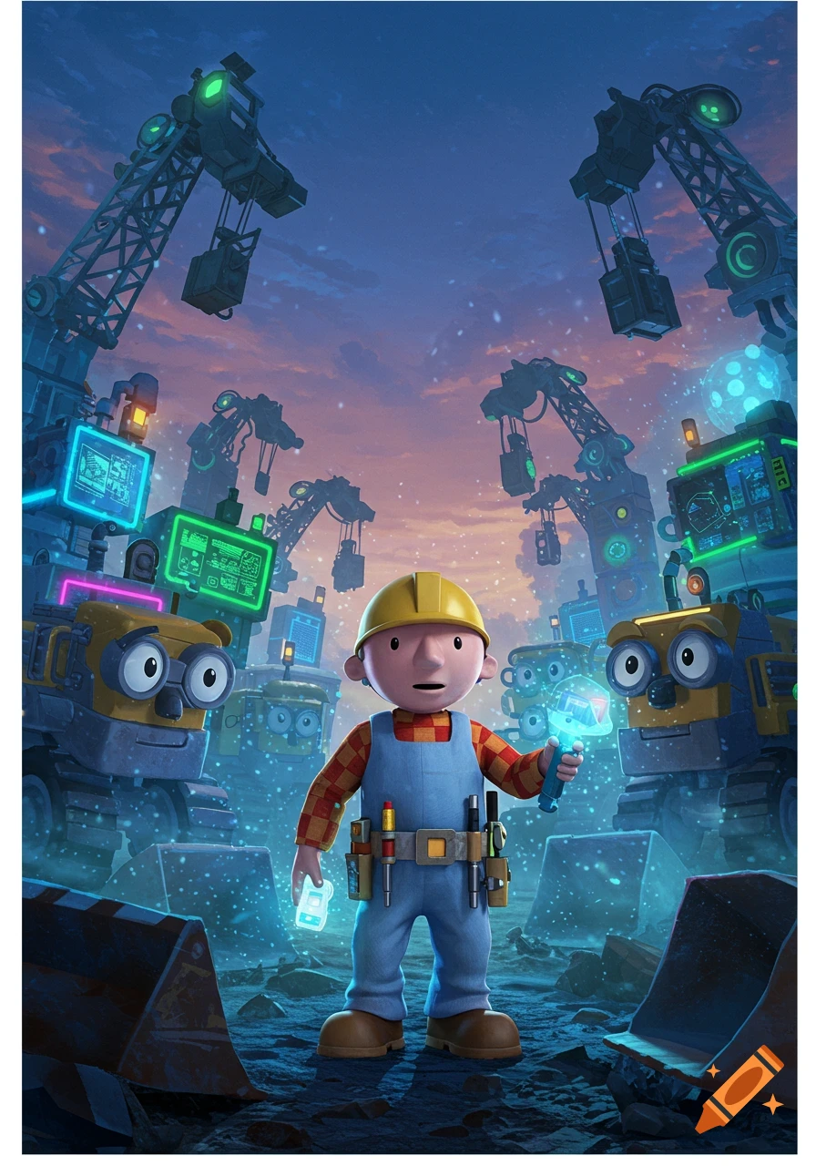 Bob the Builder stands amidst futuristic, glowing construction machines and cranes in a blue-purple landscape.