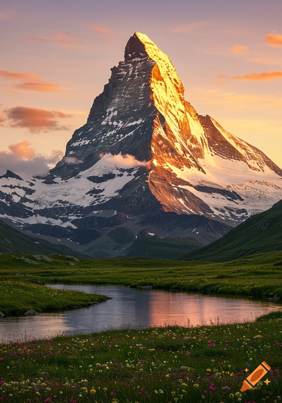 A majestic, snow-capped mountain bathed in golden light towers over a calm lake in a green meadow with wildflowers at sunrise or sunset.