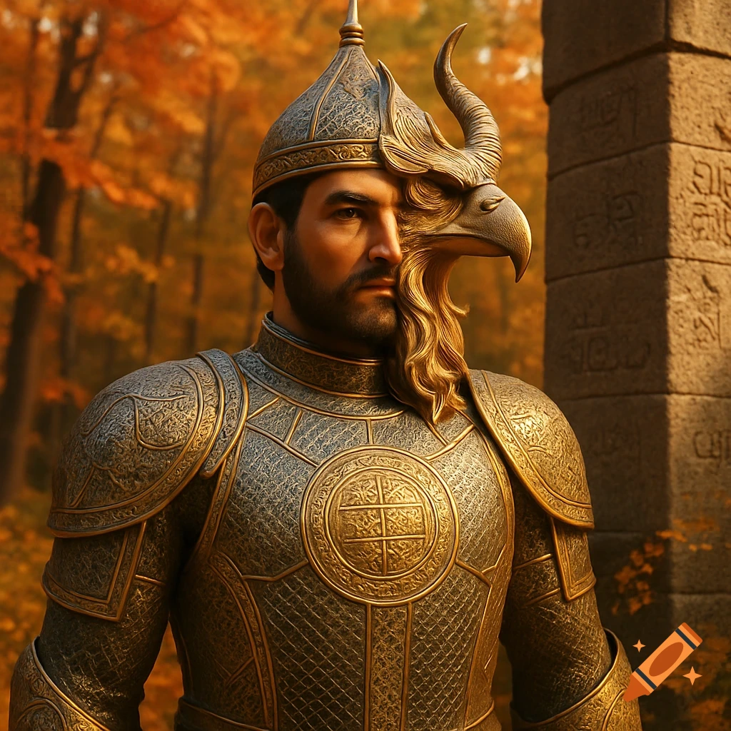 A man in ornate golden armor with a human face on one side and a golden griffin head on the other, stands in an autumn forest.