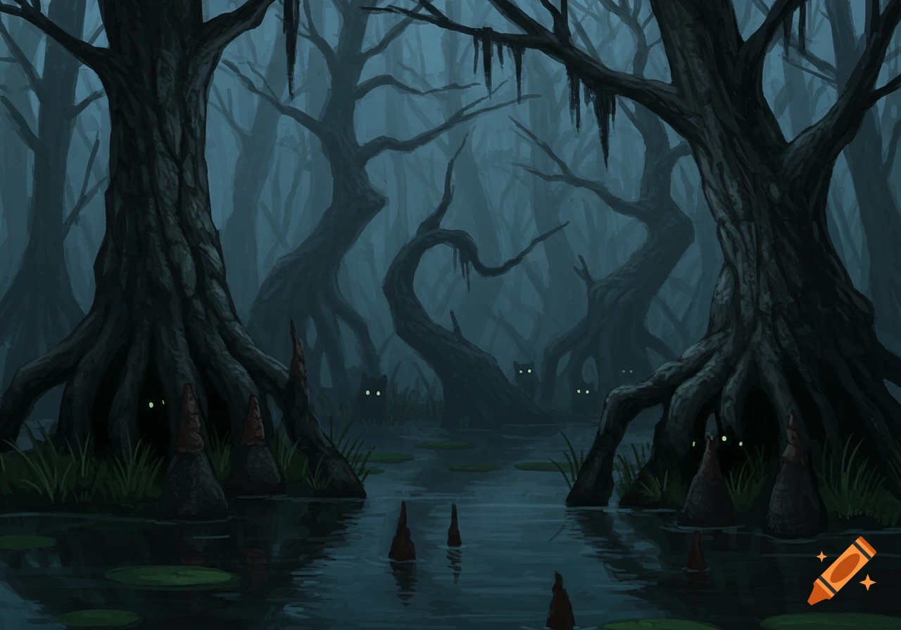 A dark, eerie swamp scene with gnarled trees, cypress knees, murky water, and glowing eyes peeking from the shadows.