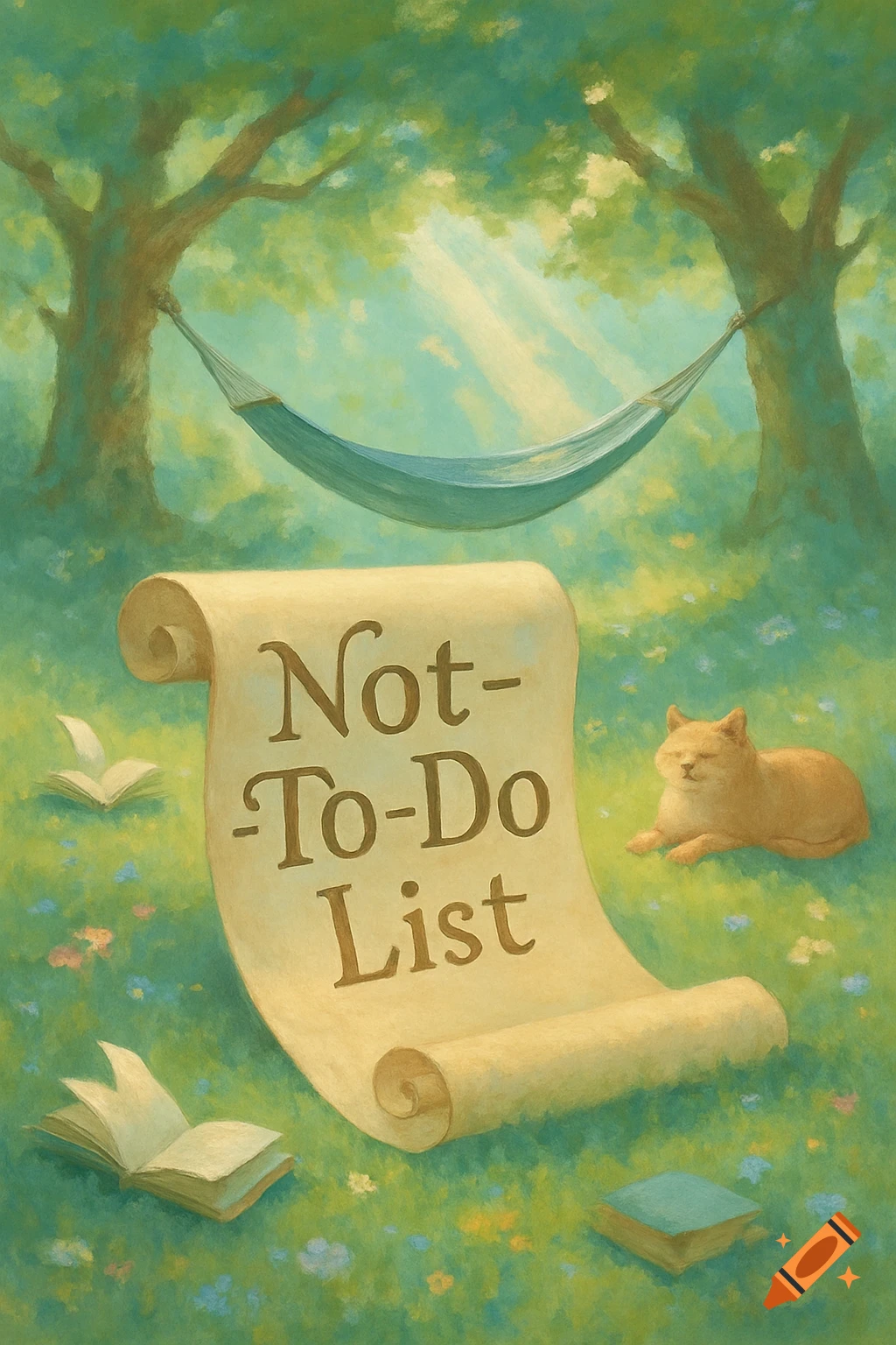 Painterly scene with a large scroll titled 'Not-To-Do List' on grass, a sleeping cat, a hammock between trees, and scattered books.