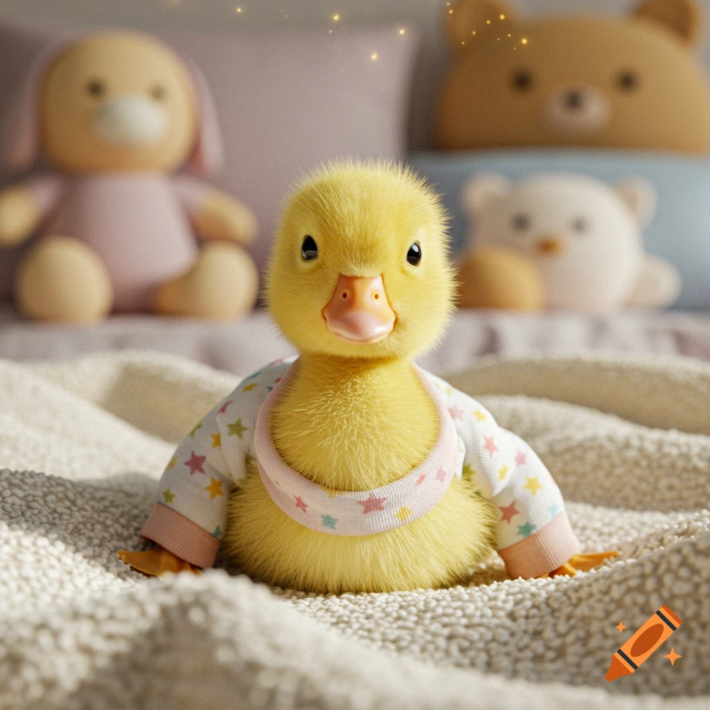 A photorealistic fluffy baby duck wearing colorful star-patterned pajamas sits on a white textured blanket with blurred stuffed animals in the background.