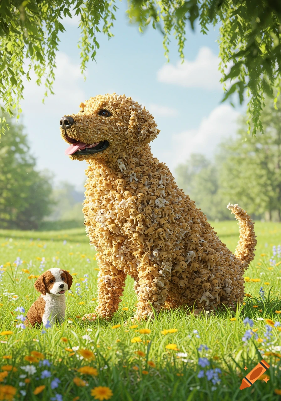 A giant dog made of many small puppies sits in a sunny green field with a smaller puppy beside it, under hanging green leaves.