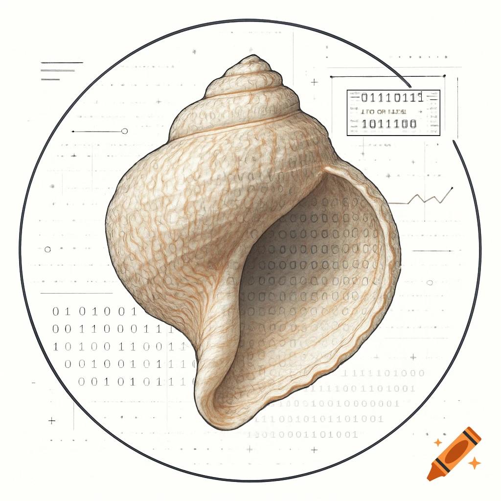 A detailed illustration of a sea shell, seen as if under a microscope, with superimposed binary code and digital annotations in a clean, technical style on a white background.
