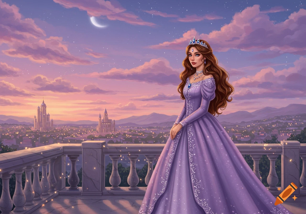 An illustrated princess in a purple gown and tiara stands on a balcony overlooking a city with castles at sunset.