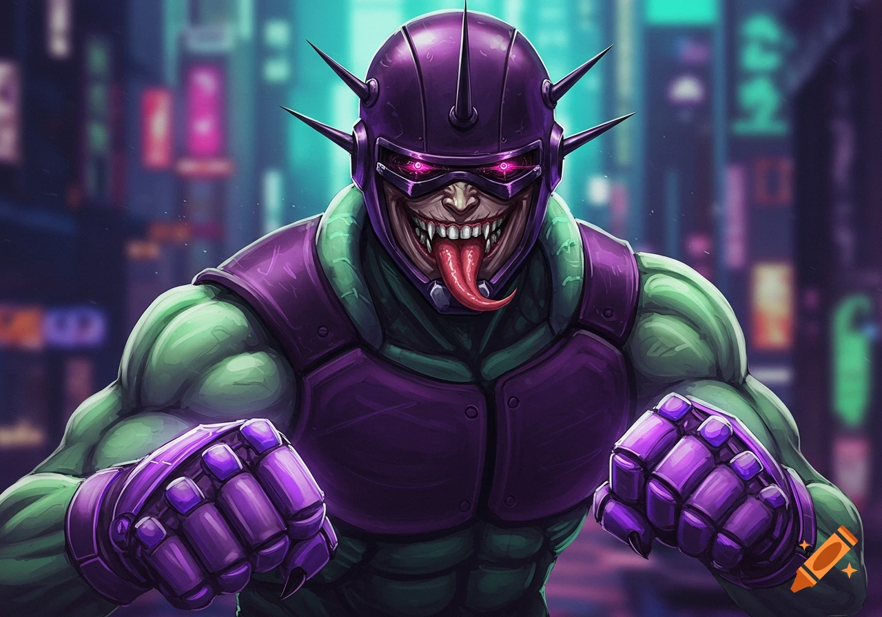 A menacing green-skinned anime character in a purple spiked helmet, purple vest, and purple gloves, grinning with sharp teeth and a long tongue.
