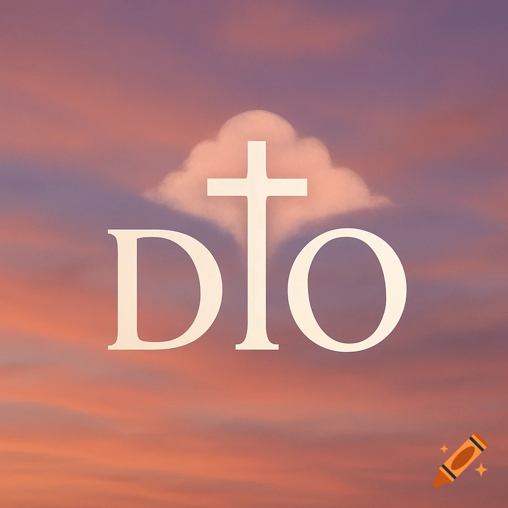 Logo with a white 'D', a cross acting as the 'T', and a white 'O' against a soft purple and orange sunset sky with a cloud behind the cross.