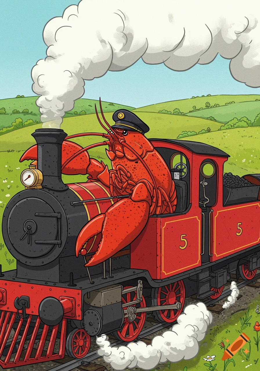 Cartoon illustration of a large red lobster wearing a train driver's hat, driving a red steam train through green hills.