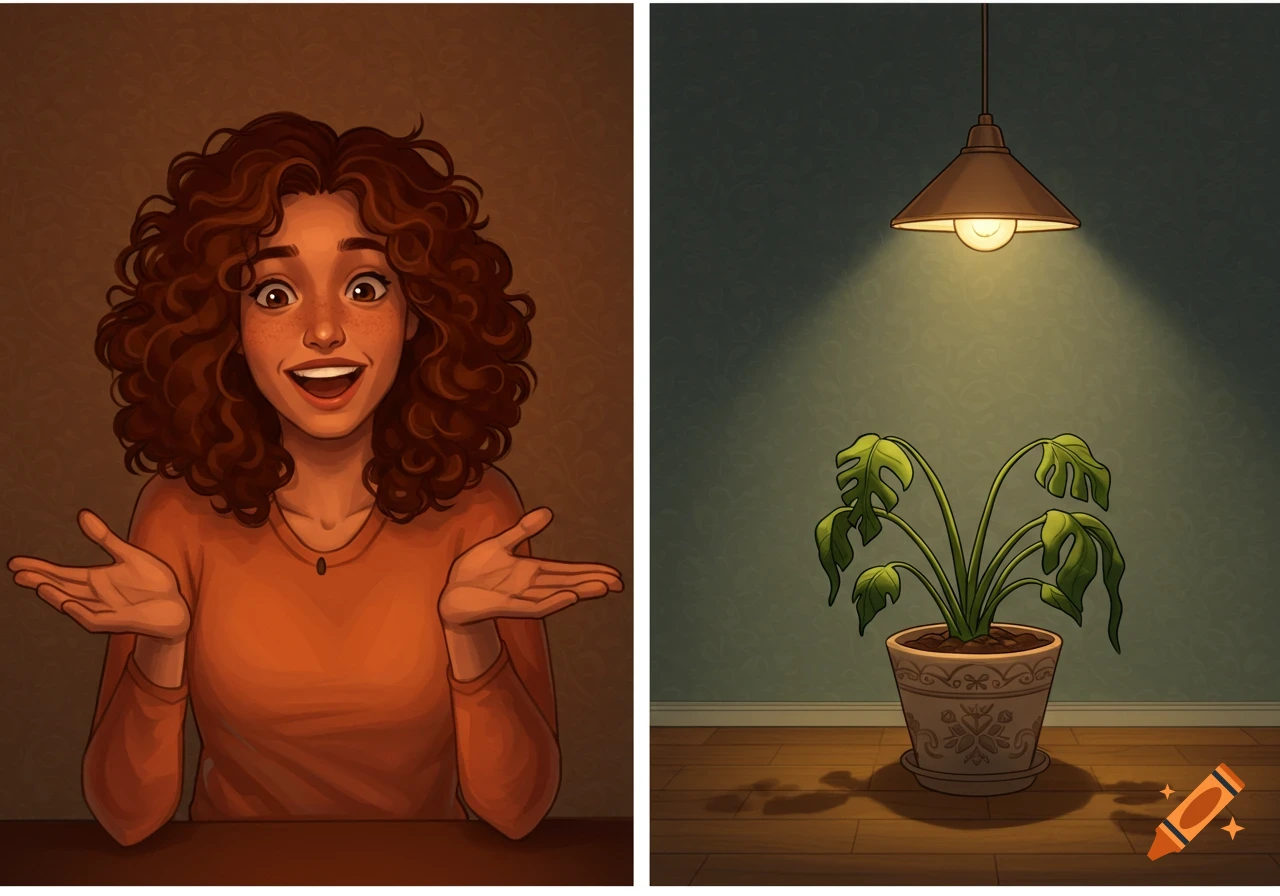 An animated woman with curly hair gestures, next to a sad, dying plant under a weak light.