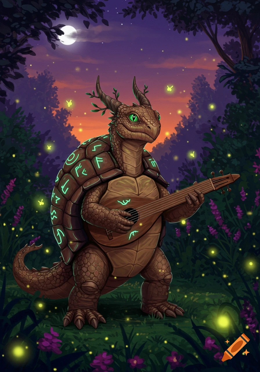 A mythical dragon tortle bard with green eyes and leafy horns plays a lute under a full moon in a magical forest filled with fireflies.