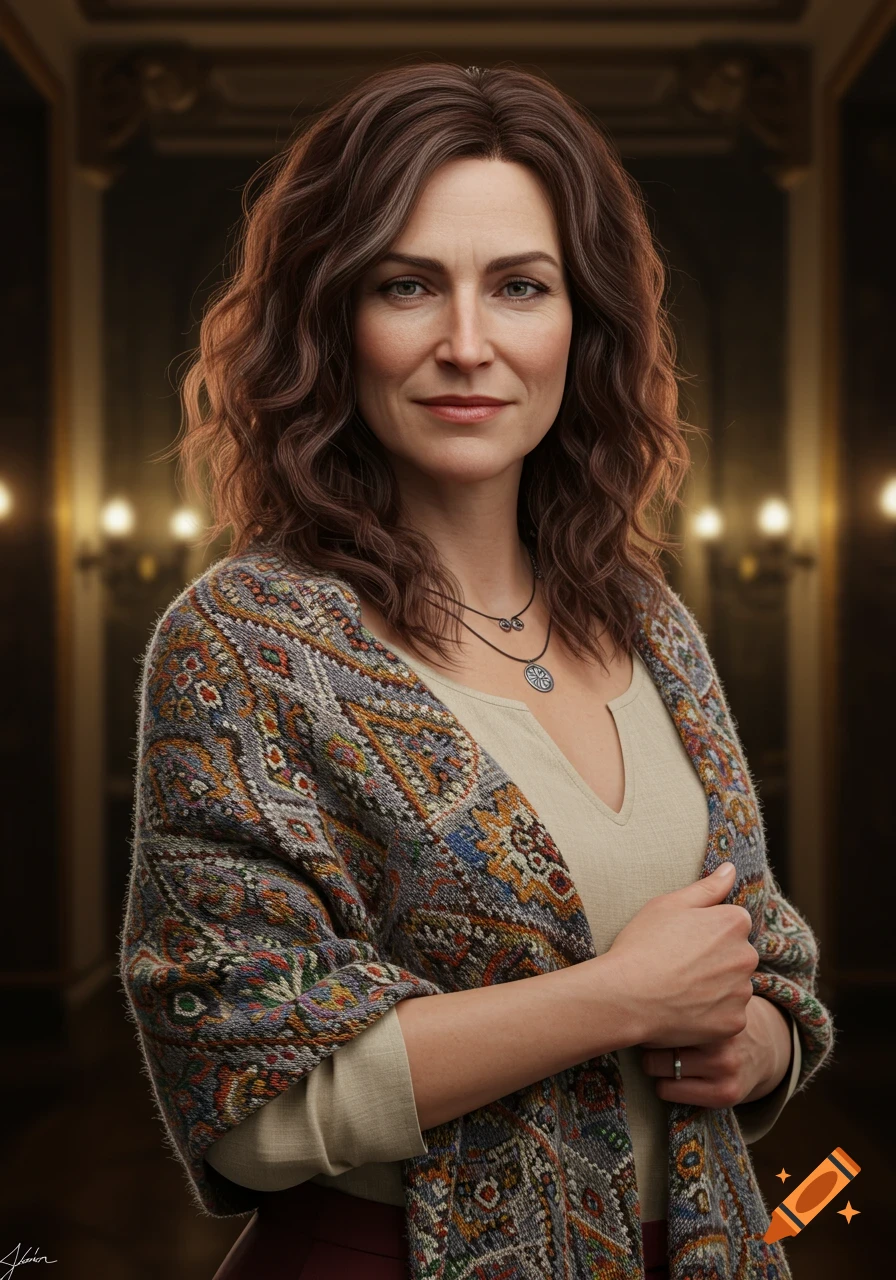 A photorealistic portrait of a woman with wavy brown hair, wearing a patterned shawl and light top, looking at the viewer.