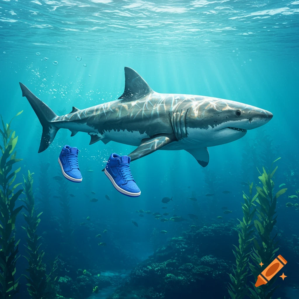 A large great white shark wearing two bright blue high-top sneakers swims through a sunlit underwater kelp forest.