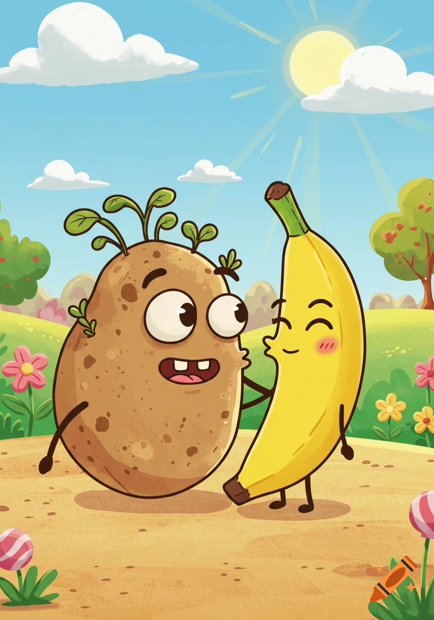 A cartoon potato with sprouts kisses a smiling cartoon banana in a sunny, flowery field.
