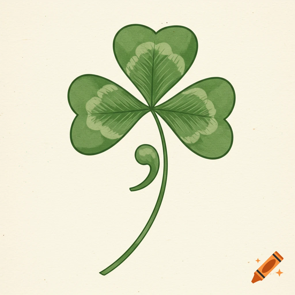 A green three-leaf clover illustration with a semicolon forming part of its stem on a light background.