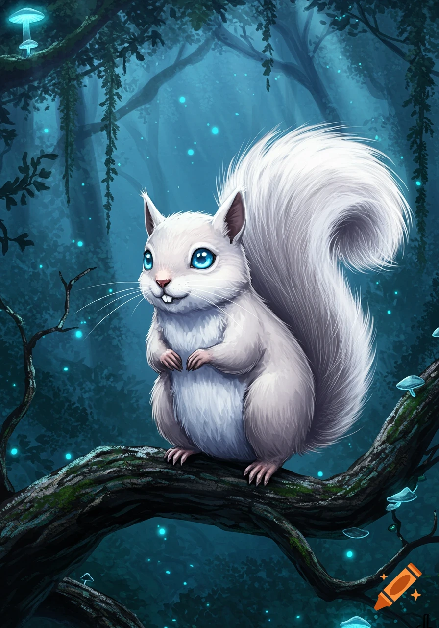 A cute white squirrel with blue eyes on a mossy branch in a magical, glowing dark forest.