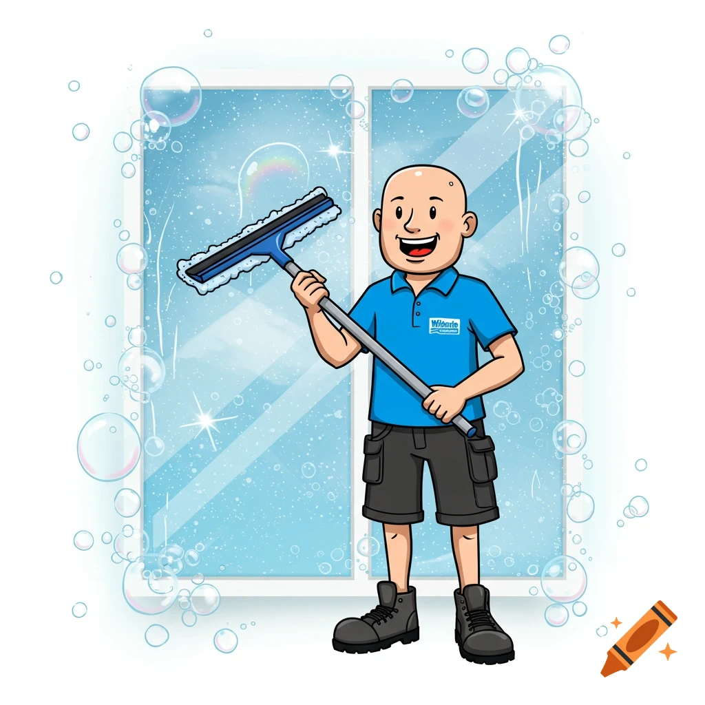 Cartoon of a bald man in a blue shirt and shorts cleaning a window with a squeegee, surrounded by soap bubbles.