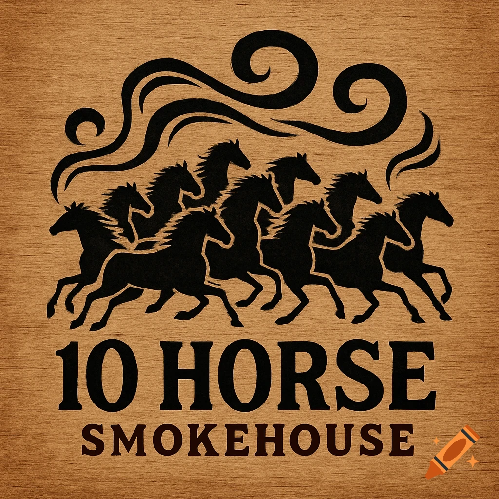 A logo featuring black silhouettes of ten galloping horses against a wooden texture background, with the text '10 HORSE SMOKEHOUSE' below.
