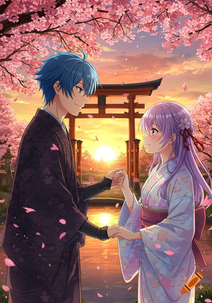 An anime couple, a blue-haired male and a purple-haired female, hold hands under pink cherry blossoms with a torii gate and sunset in the background.