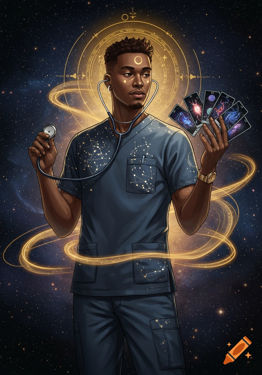 An illustrated portrait of a dark-skinned male healthcare provider in blue scrubs, holding a stethoscope and tarot cards, against a starry cosmic background with golden astrological symbols.