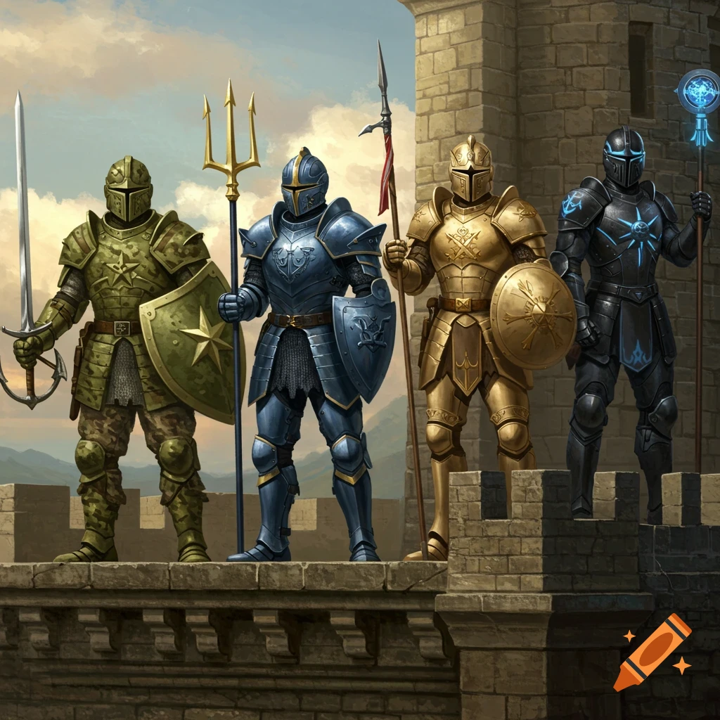 Four knights in distinct colored armor (green, blue, gold, black) stand on a castle parapet, holding weapons.