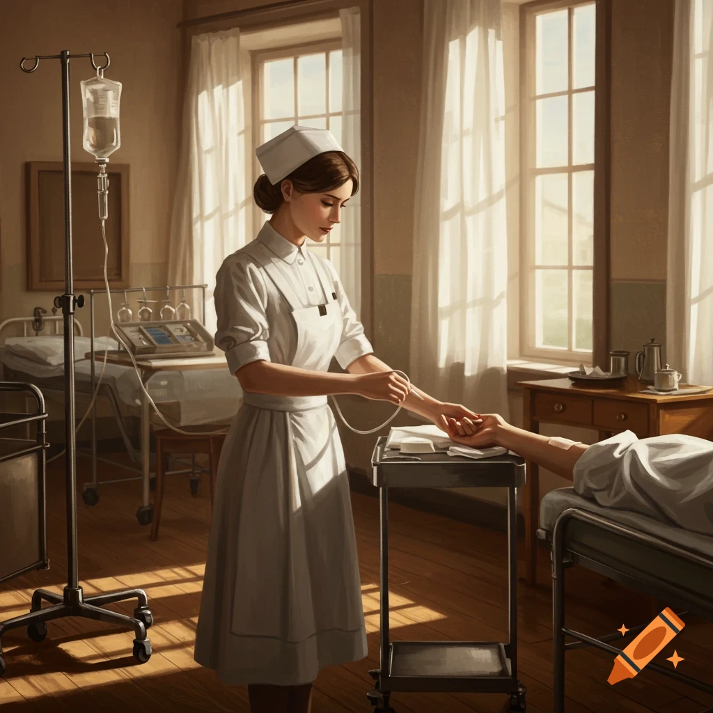 A nurse in a white uniform attends to a patient's arm in a sunlit hospital room with medical equipment.