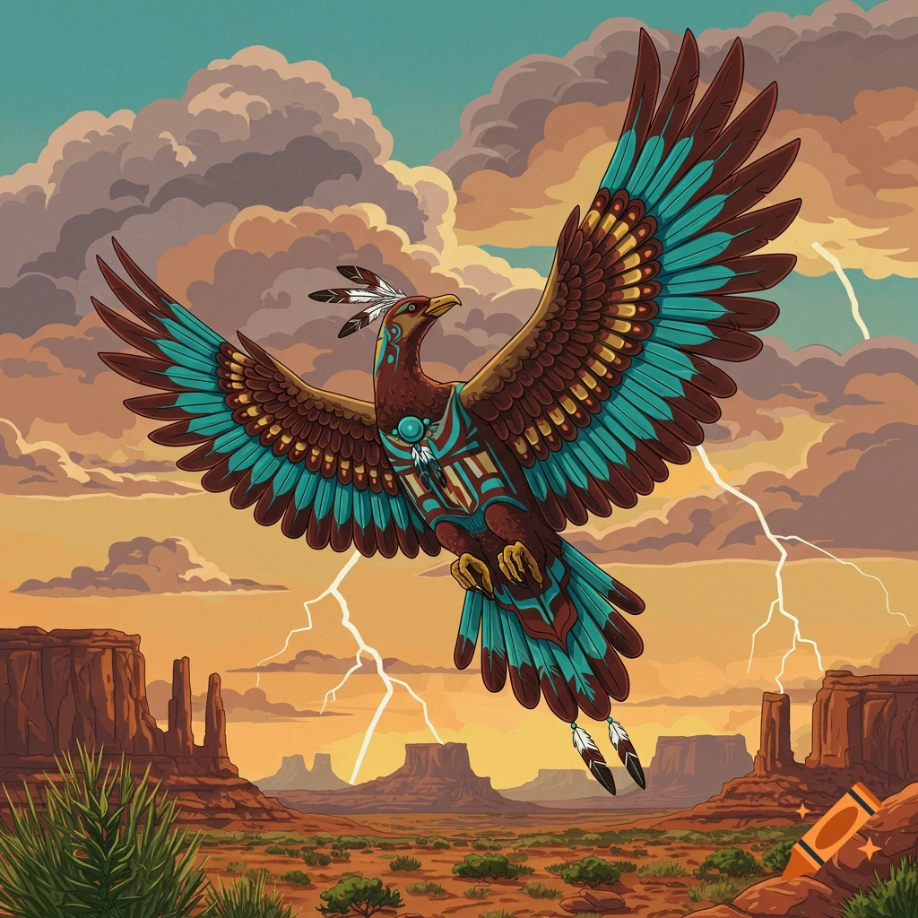 A stylized thunderbird with Native American patterns flies over a desert landscape with mesas under a stormy sky with lightning.