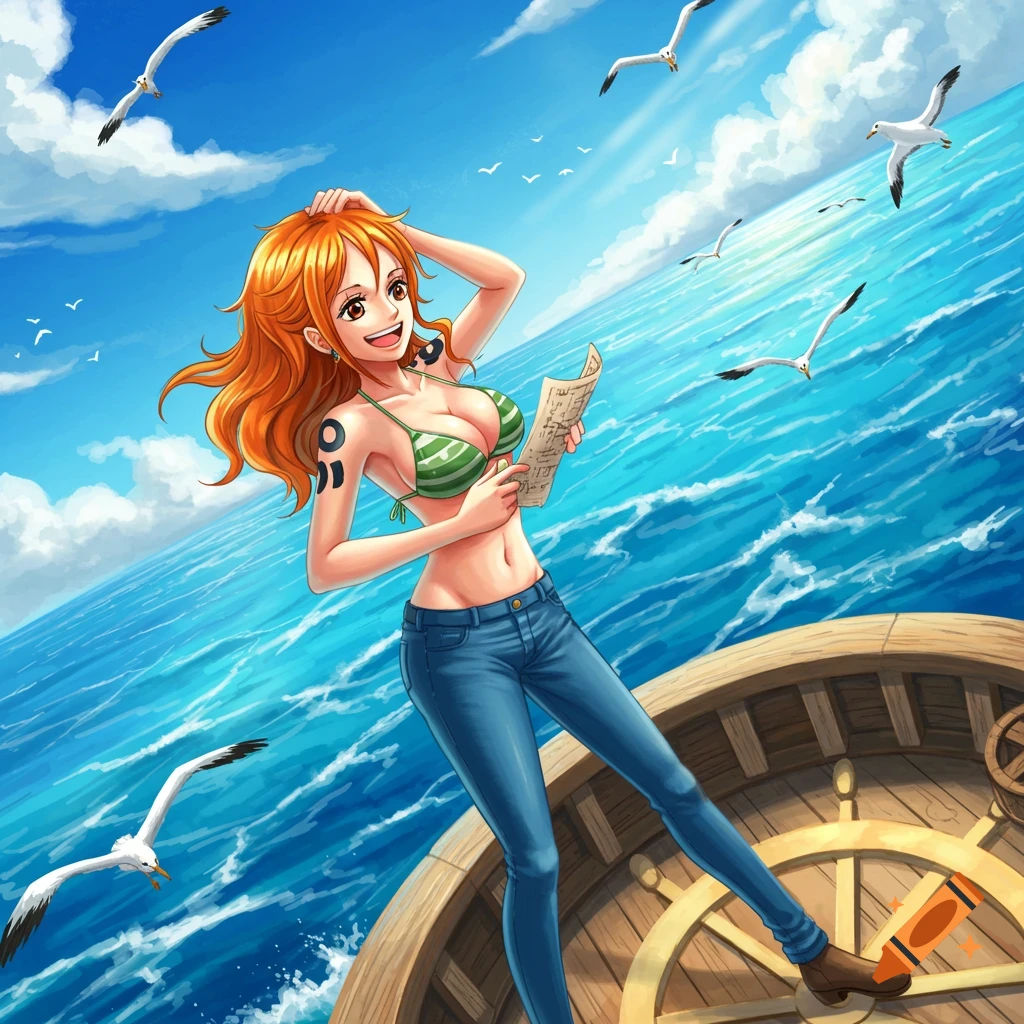 Anime character Nami from One Piece stands on a boat with a map, looking up at seagulls under a blue sky.