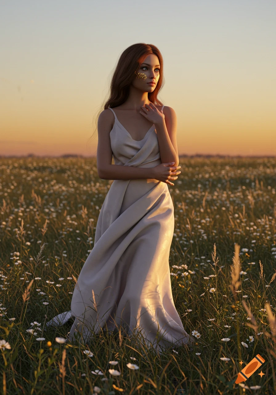 Photorealistic portrait of a woman with gold flakes on her cheeks in a light dress, standing in a field of white flowers at sunset.