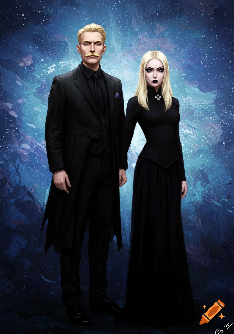 A blonde man with a prominent mustache and a blonde gothic woman, both in black attire, stand against a blue and black cosmic background.
