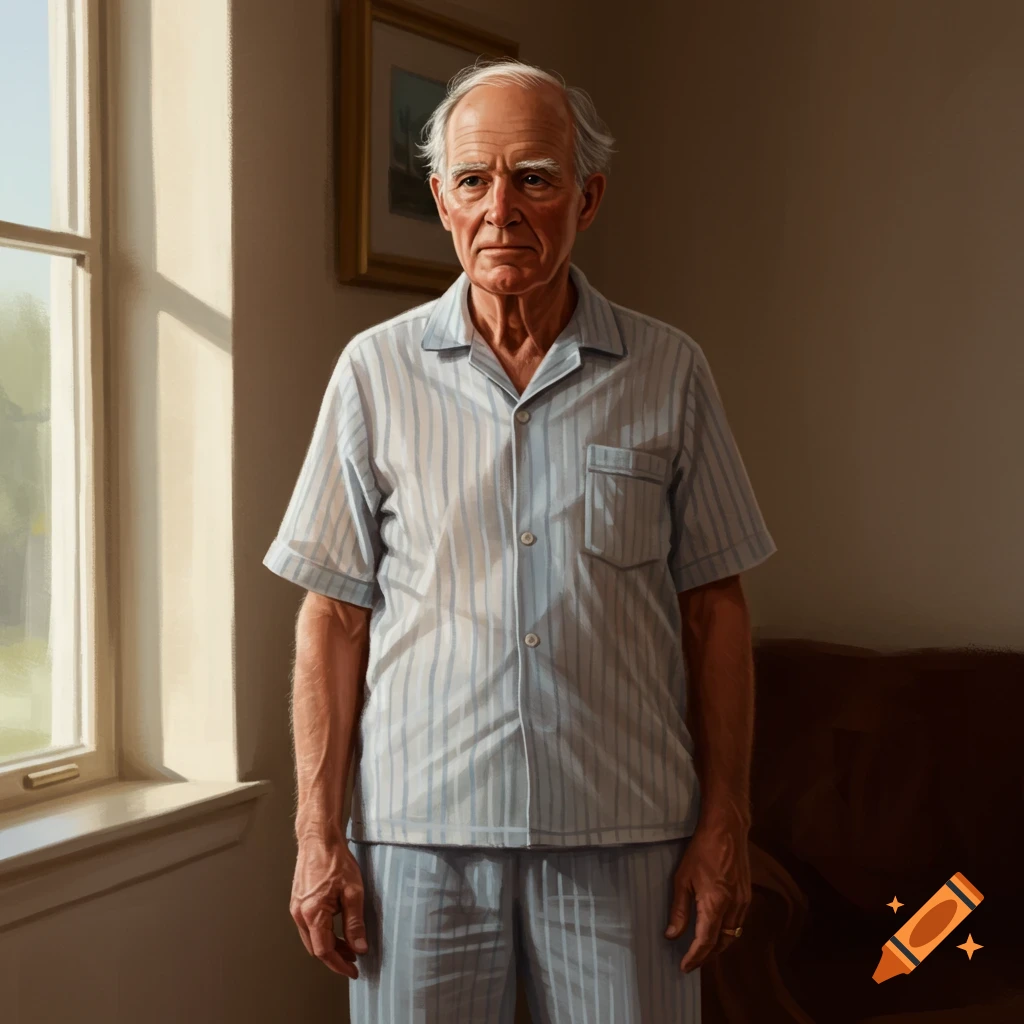 An elderly white man with gray hair and a gold ring stands in a sunlit room, wearing light blue striped pajamas.