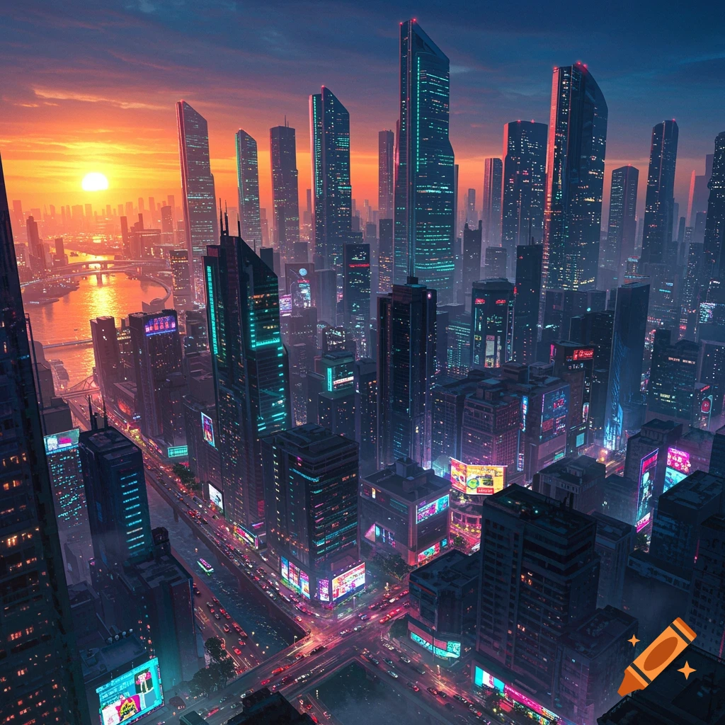 An aerial view of a vibrant futuristic city at sunset, with towering skyscrapers illuminated by neon lights and a river reflecting the orange sky.