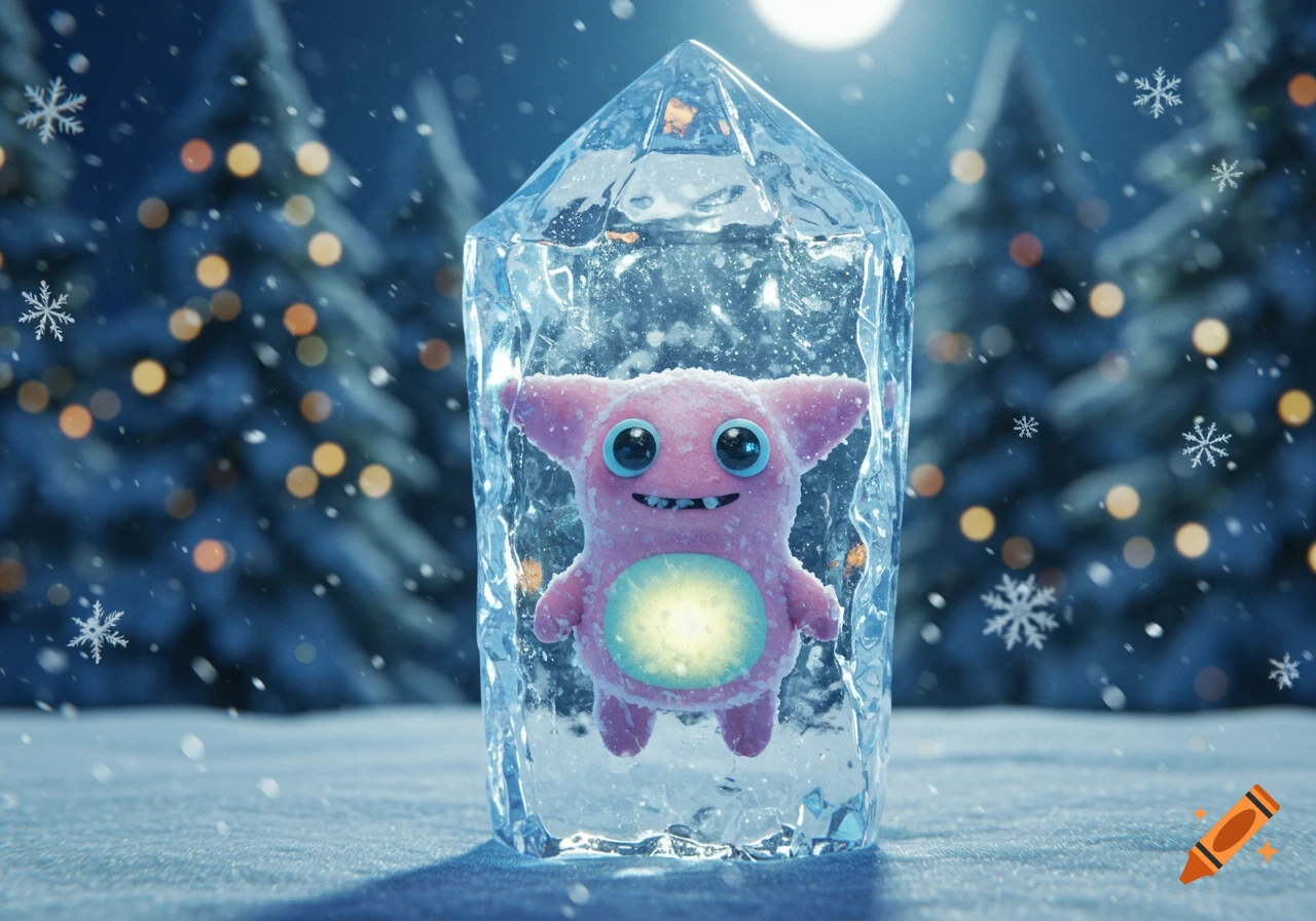 A cute pink furry monster with big eyes frozen inside a clear ice block in a snowy winter forest with Christmas trees and falling snowflakes.