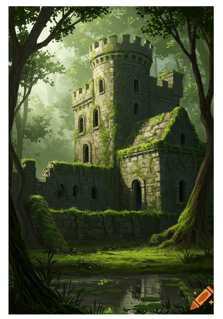 A moss-covered stone castle ruin stands in a lush, sunlit forest with a small pond in the foreground.