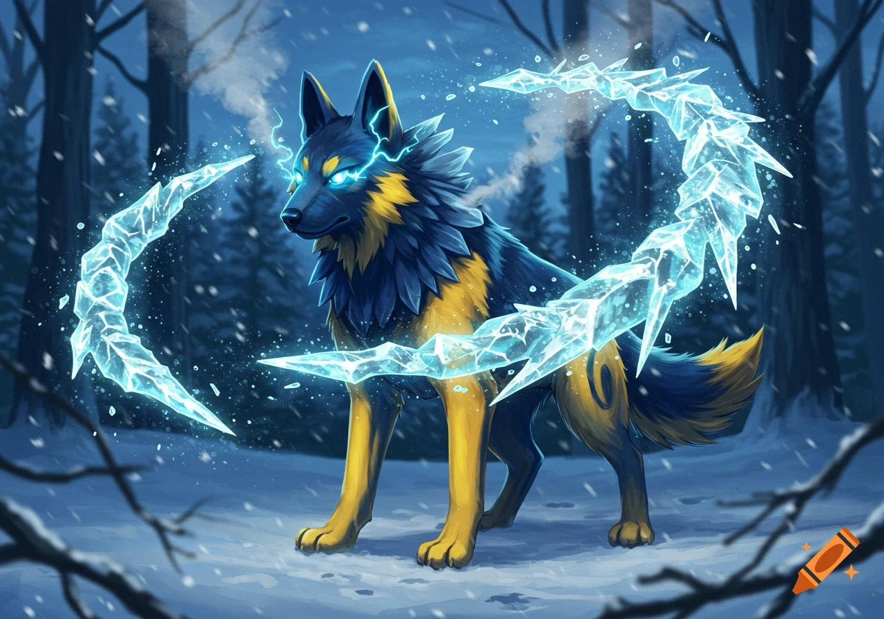 A dark blue and yellow wolf-like fantasy creature with glowing eyes and swirling ice shards in a snowy forest.