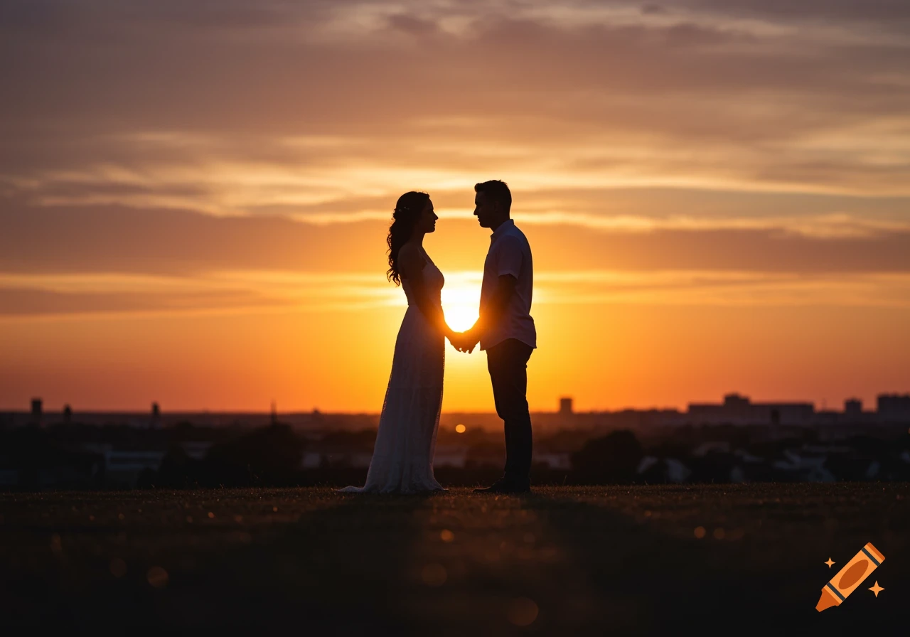 Silhouette of a romantic couple holding hands against a vibrant orange and purple sunset with a cityscape in the distance, photorealistic.