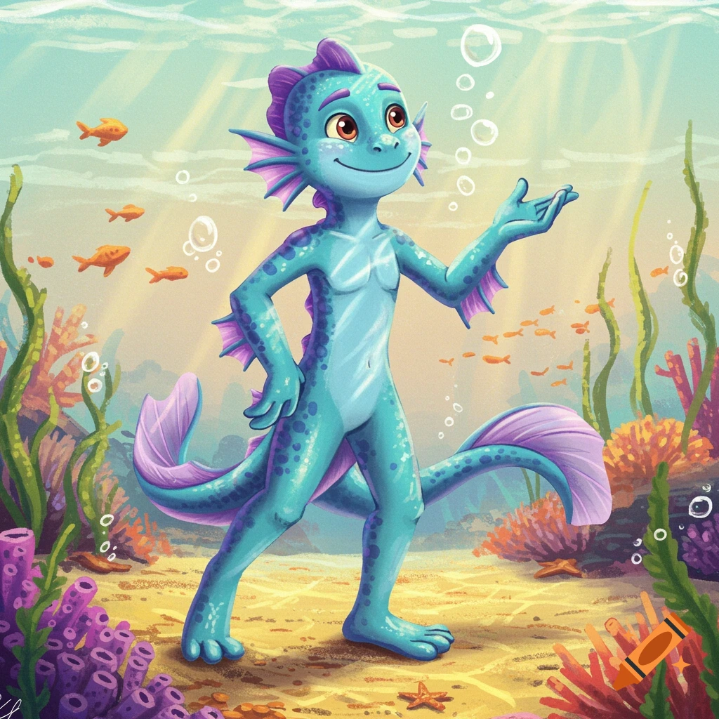 A cartoon blue-turquoise sea creature with purple fins stands underwater among coral, plants, and fish.