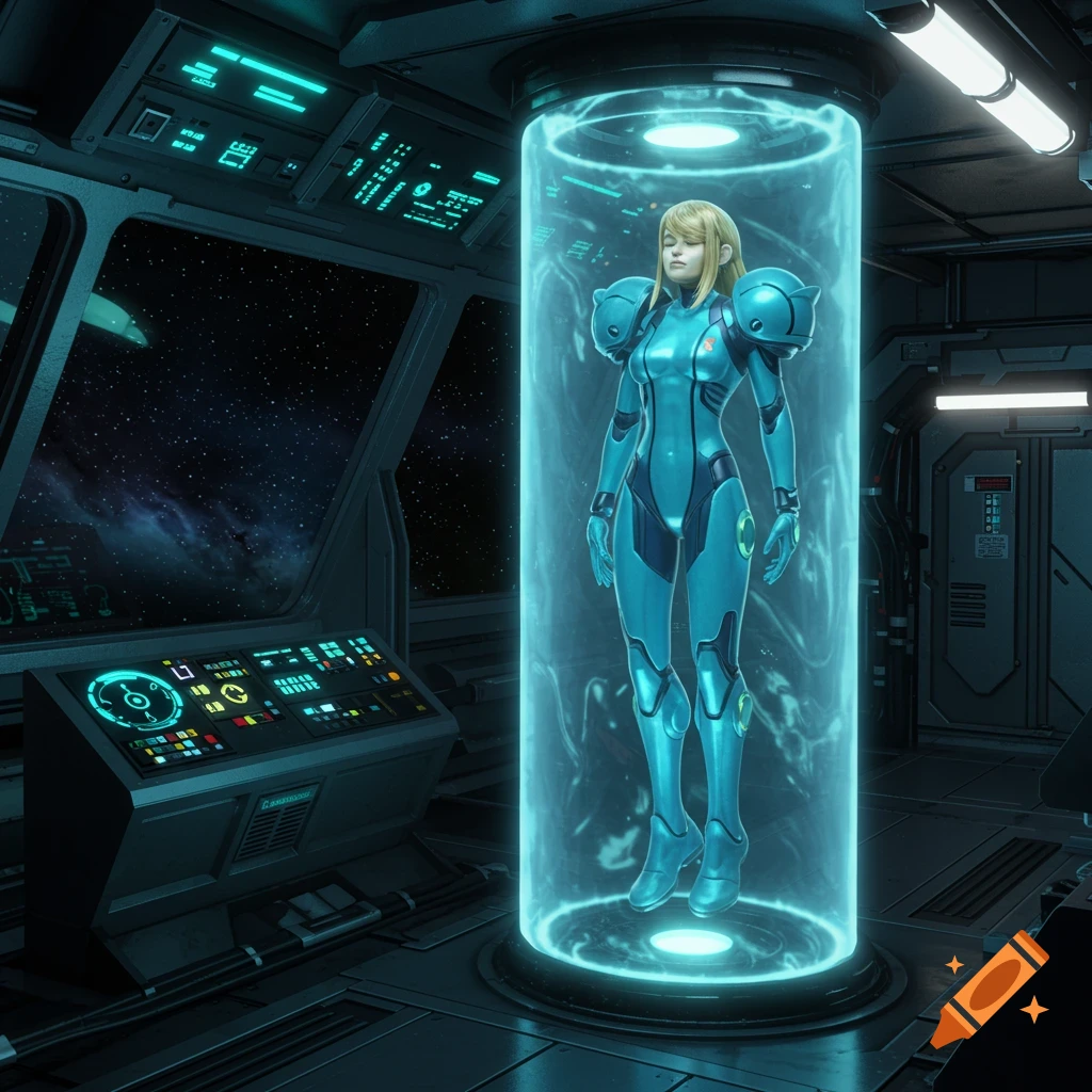 Zero Suit Samus suspended in a glowing stasis tube within a futuristic spaceship bridge, with stars visible outside.
