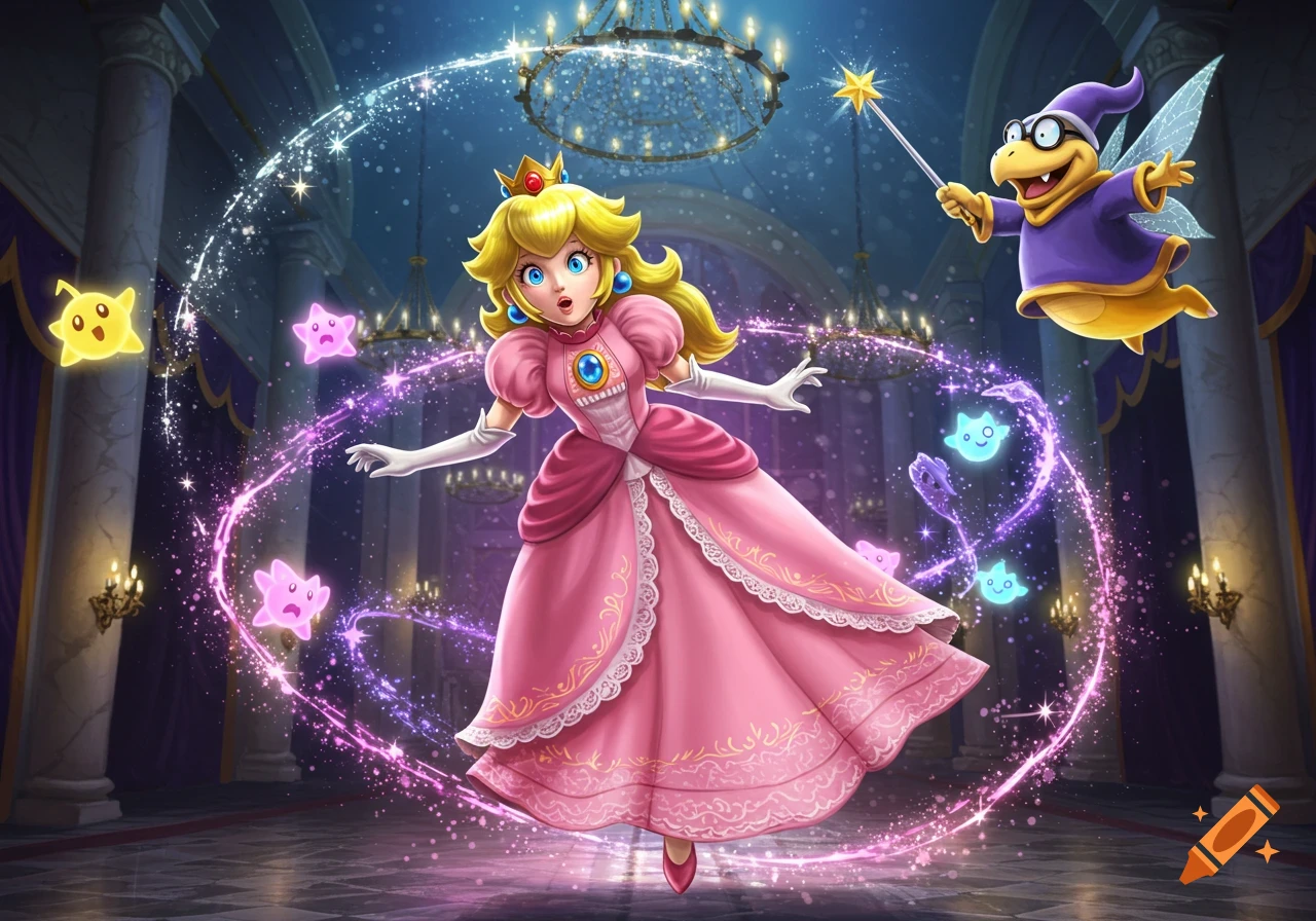 Princess Peach floats in a grand hall, surrounded by swirling magic and stars, as Kamek casts a spell with his wand.