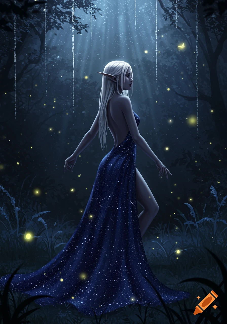 Blonde elf woman in a shimmering blue backless dress with a high slit walking through a dark, mystical forest illuminated by fireflies and moonbeams.